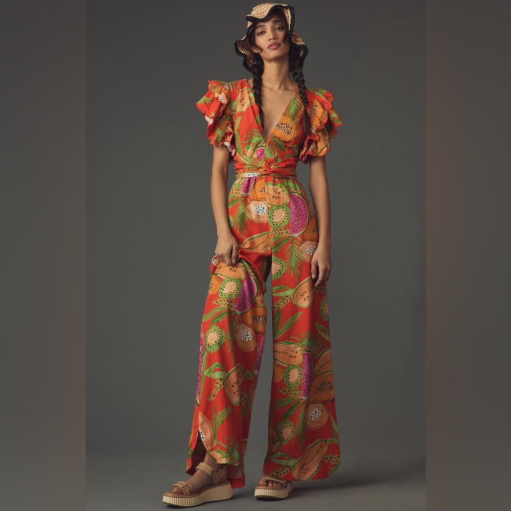 Farm Rio x Anthropologie Ruffle-Sleeve Deep-V Jumpsuit